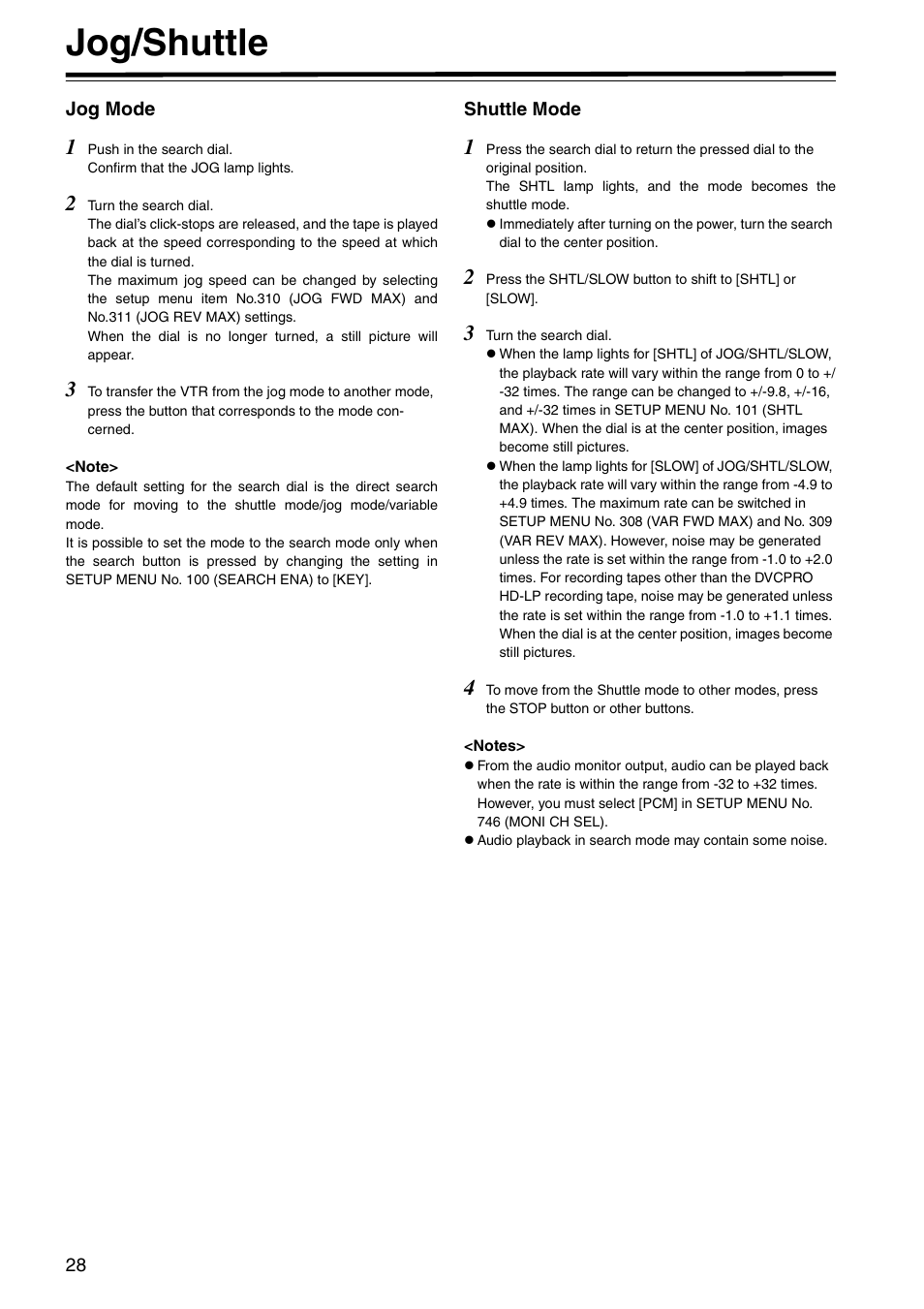 Jog/shuttle, Jog mode, Shuttle mode | Panasonic AJ-HD1800P User Manual | Page 28 / 142