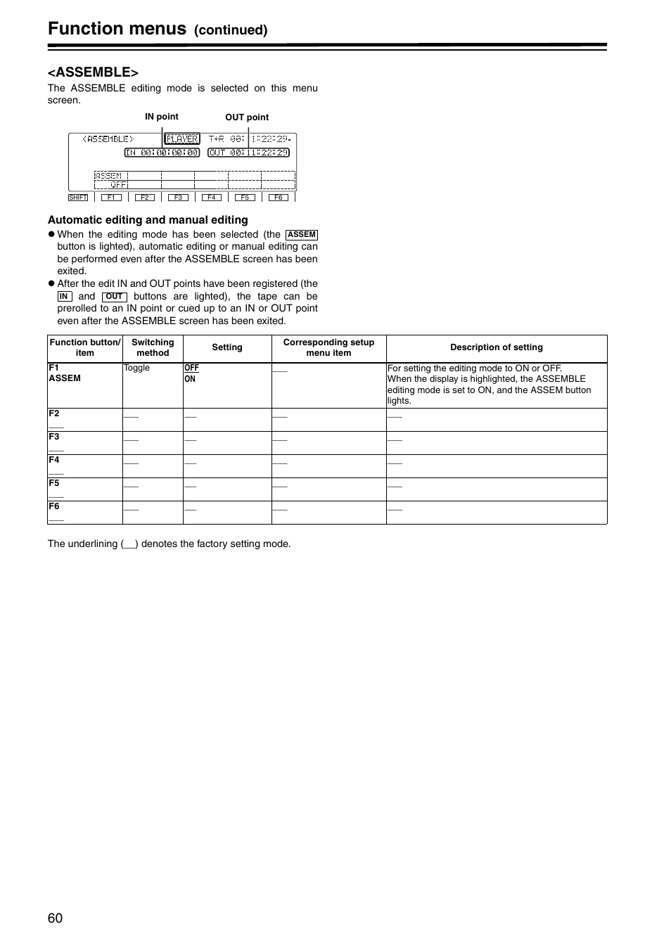 Assemble, Function menus, Continued) <assemble | Panasonic AJ-HD1800P User Manual | Page 60 / 142