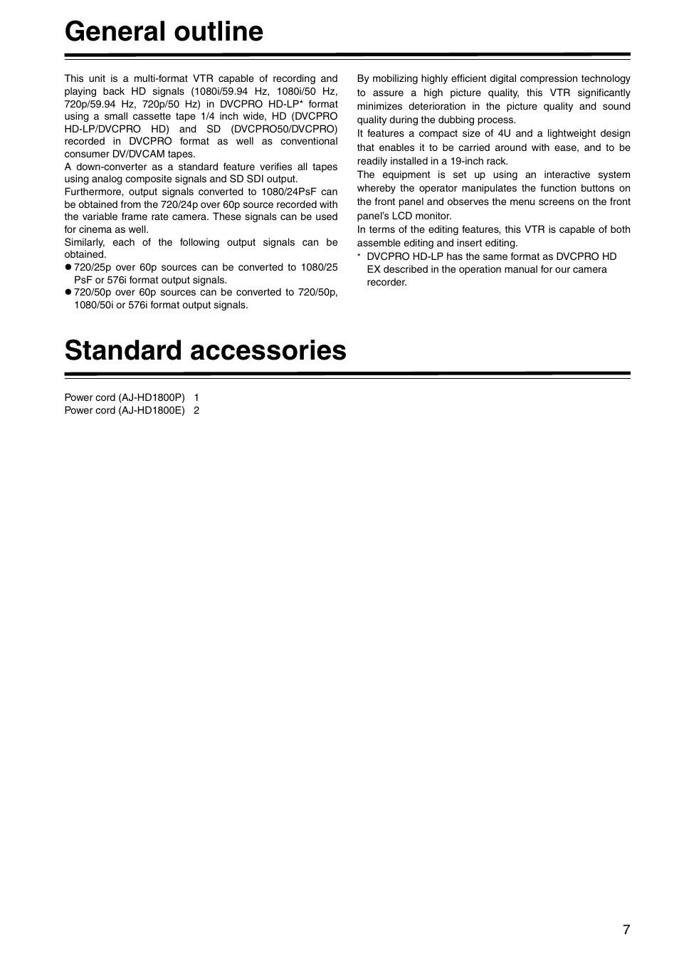 General outline, Standard accessories | Panasonic AJ-HD1800P User Manual | Page 7 / 142