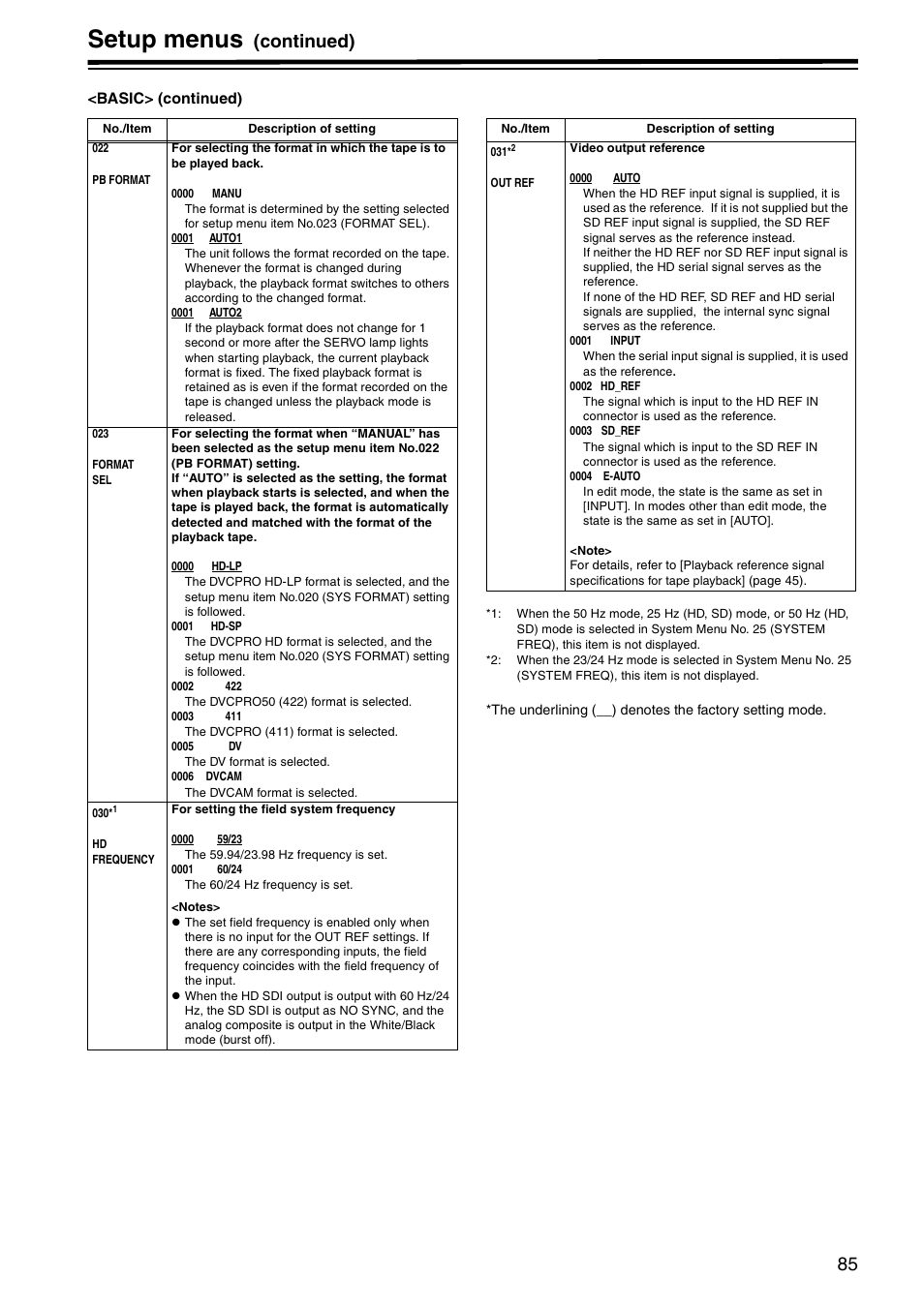 Setup menus, Continued) | Panasonic AJ-HD1800P User Manual | Page 85 / 142
