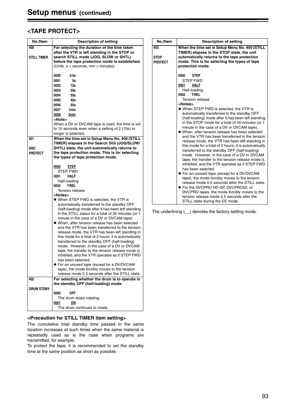 Tape protect, Setup menus, Continued) <tape protect | Panasonic AJ-HD1800P User Manual | Page 93 / 142