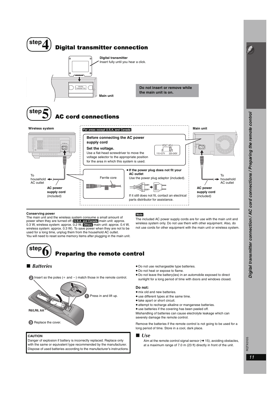 Step 4 digital transmitter connection, Step 5 ac cord connections, Step 6 preparing the remote control | Step, Digital transmitter connection, Ac cord connections, Preparing the remote control | Panasonic SC-PT960 User Manual | Page 11 / 44