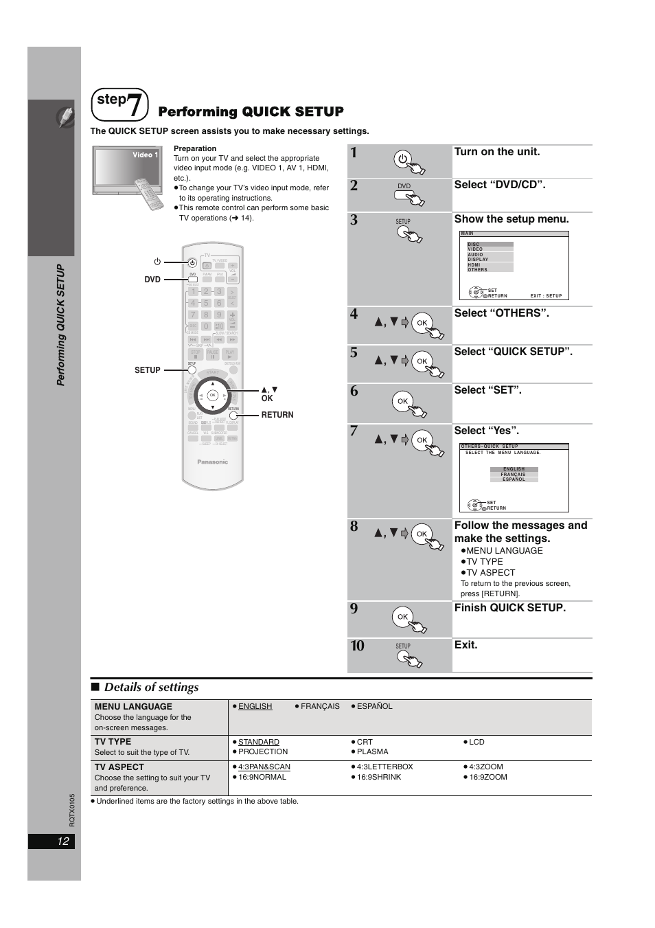 Step 7 performing quick setup, Step, Performing quick setup | Details of settings, Simple se tu p, Turn on the unit, Select “dvd/cd, Show the setup menu, Select “others, Select “quick setup | Panasonic SC-PT960 User Manual | Page 12 / 44