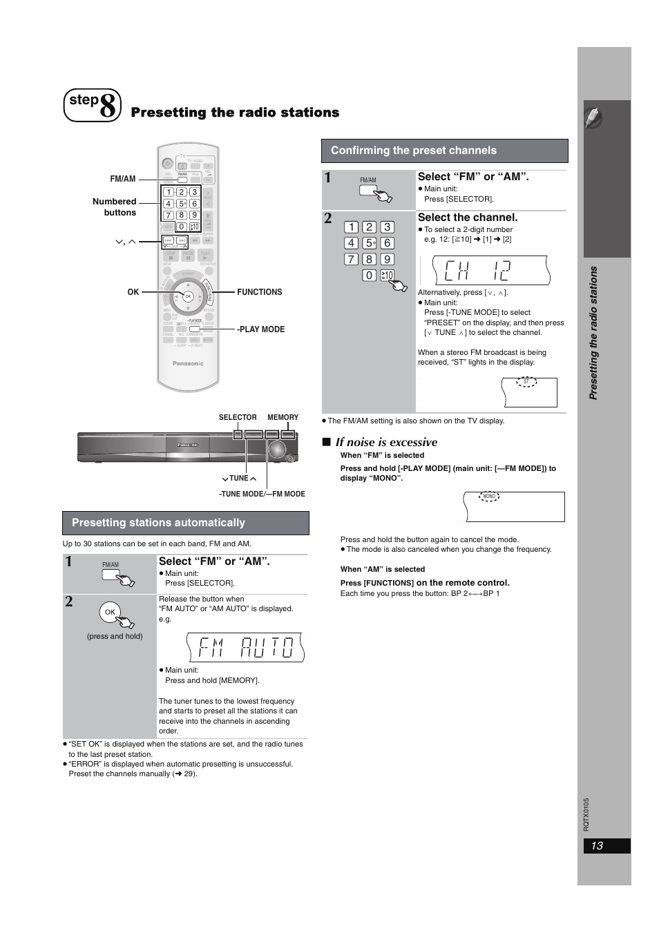 Step 8 presetting the radio stations, Step, Presetting the radio stations | If noise is excessive, Simple se tu p, Presetting stations automatically, Select “fm” or “am, Confirming the preset channels, Select the channel | Panasonic SC-PT960 User Manual | Page 13 / 44