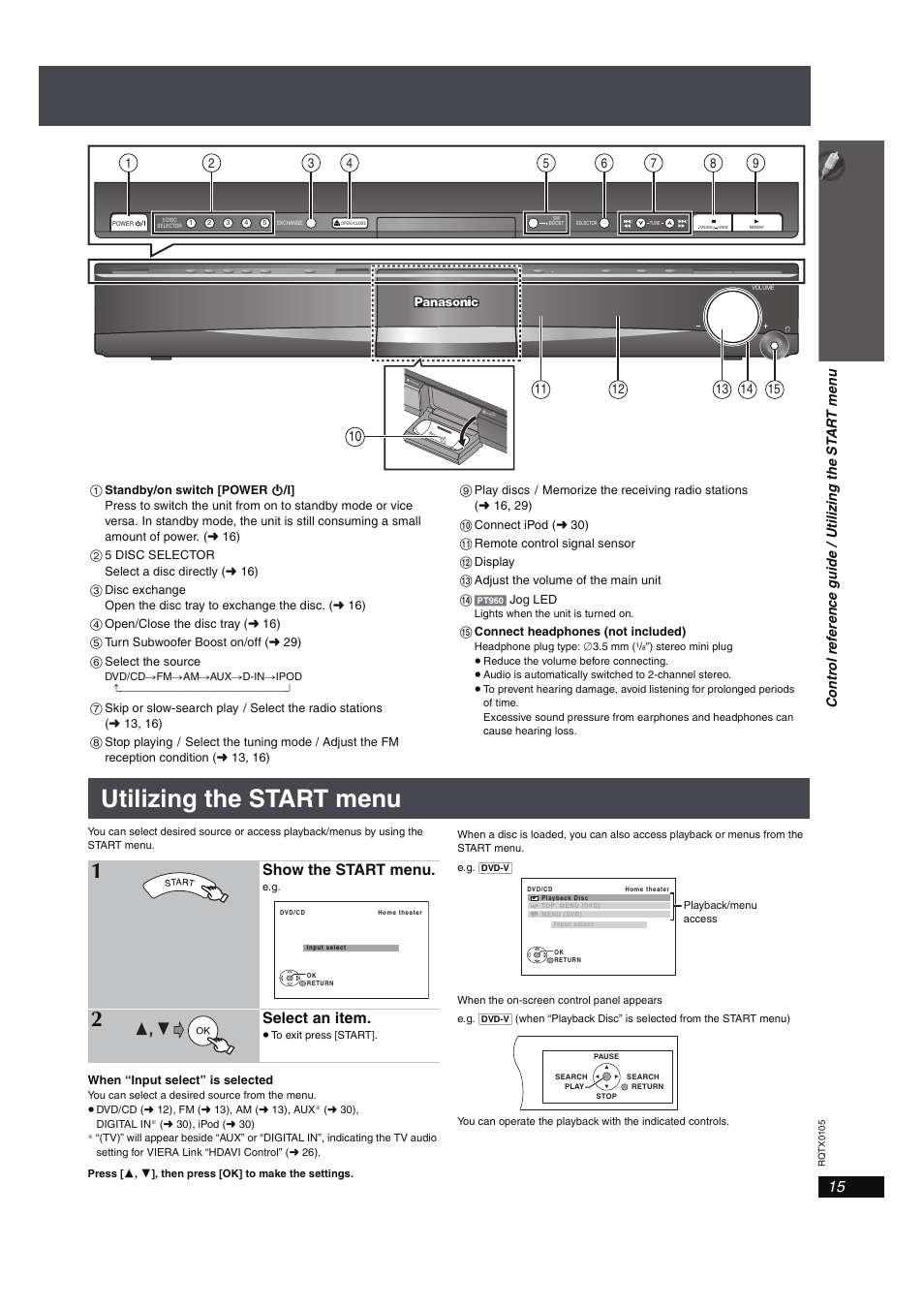 Utilizing the start menu, Show the start menu, Select an item | Panasonic SC-PT960 User Manual | Page 15 / 44