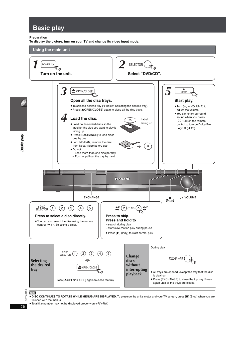 Playing discs, Basic play, Using the main unit | Panasonic SC-PT960 User Manual | Page 16 / 44