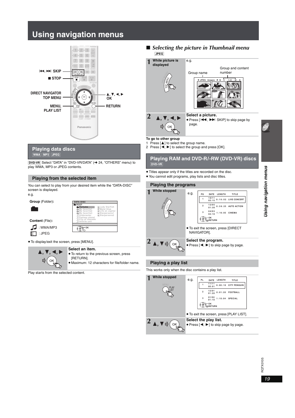 Using navigation menus, Playing data discs, 19 playing ram and dvd-r/-rw (dvd-vr) discs | Selecting the picture in thumbnail menu, Playing ram and dvd-r/-rw (dvd-vr) discs, Using na viga tion men u s, Playing from the selected item, Playing the programs, Playing a play list, Select an item | Panasonic SC-PT960 User Manual | Page 19 / 44