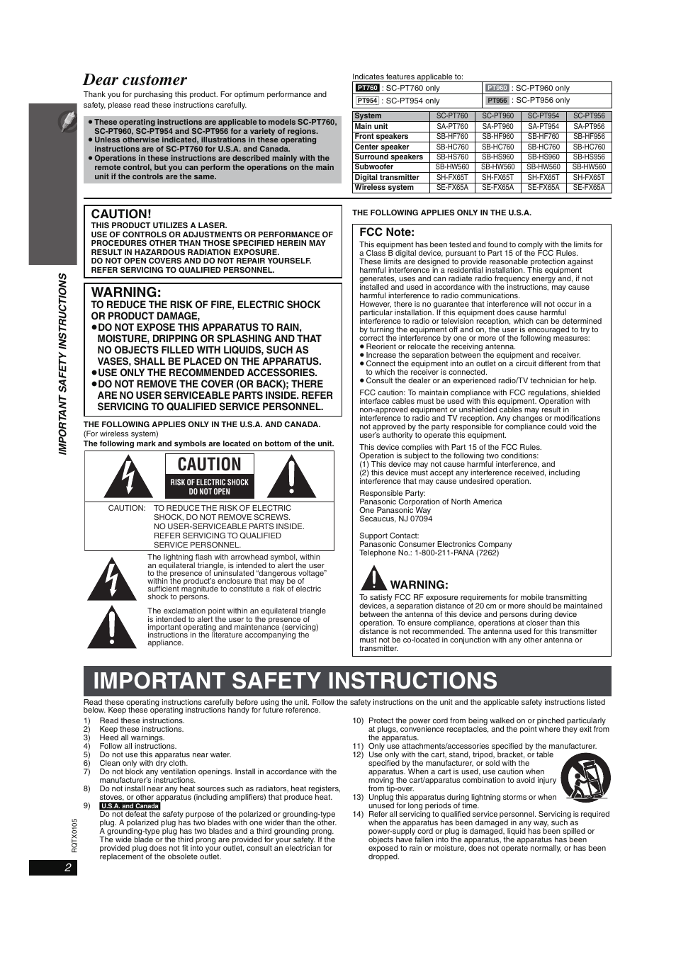 Getting started, Important safety instructions, Dear customer | Warning, Caution | Panasonic SC-PT960 User Manual | Page 2 / 44