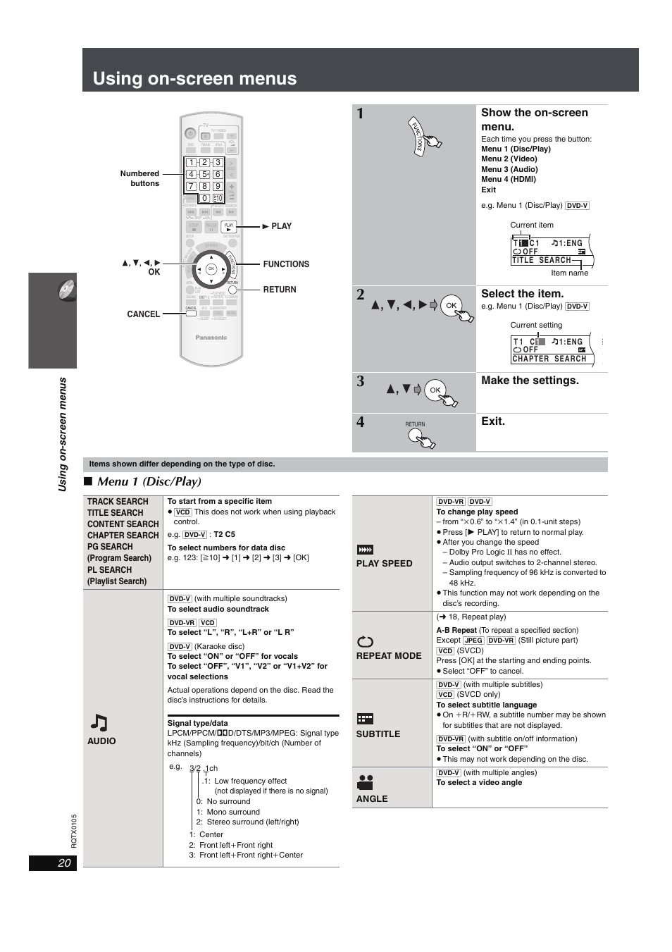 Using on-screen menus, Menu 1 (disc/play), Show the on-screen menu | Select the item, Make the settings, Exit | Panasonic SC-PT960 User Manual | Page 20 / 44