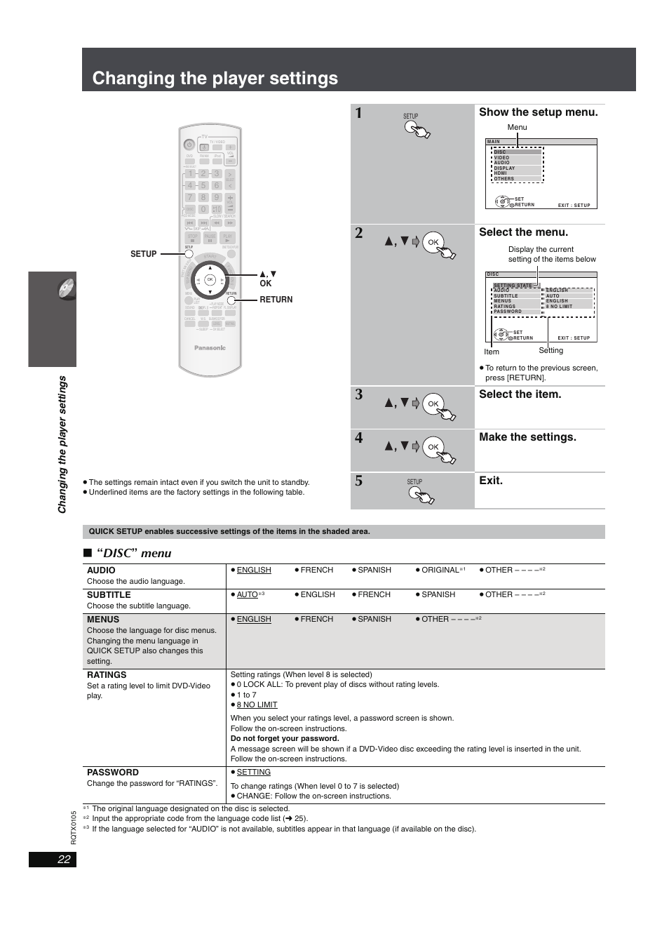 Changing the player settings, Disc ” menu, Show the setup menu | Select the menu, Select the item, Make the settings, Exit, Ch ang ing the p la y er s e tting s | Panasonic SC-PT960 User Manual | Page 22 / 44