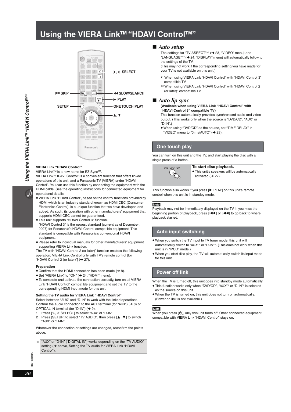 Other operations, Using the viera link “hdavi control, One touch play | 26 auto input switching, 26 power off link, 26, using the viera link, Hdavi control, Using the viera link, Auto setup, Auto lip sync | Panasonic SC-PT960 User Manual | Page 26 / 44