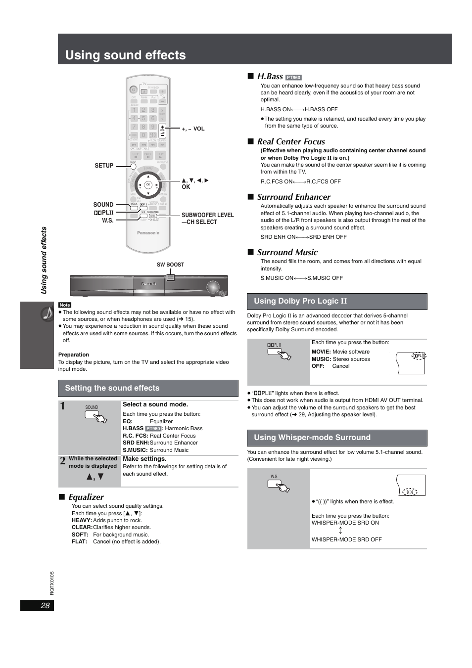 Using sound effects, Setting the sound effects, 28 using dolby pro logic ii | 28 using whisper-mode surround, 28, using dolby pro logic ii), Equalizer, H.bass, Real center focus, Surround enhancer, Surround music | Panasonic SC-PT960 User Manual | Page 28 / 44
