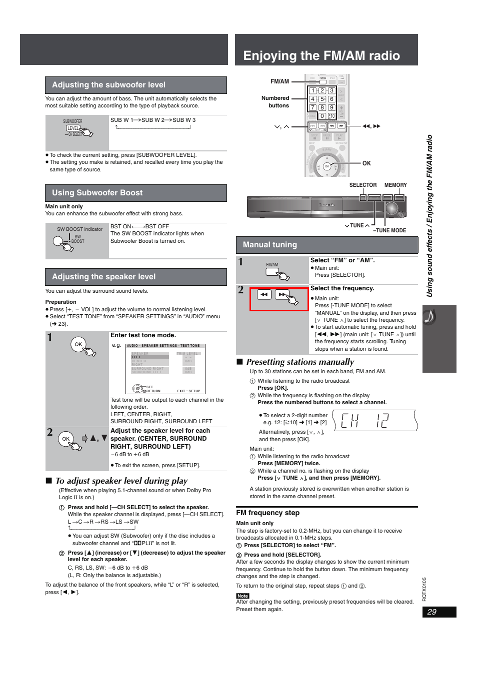 Enjoying the fm/am radio, Adjusting the subwoofer level, 29 using subwoofer boost | 29 adjusting the speaker level, Manual tuning, 29, adjusting the speaker level, Presetting stations manually, Using subwoofer boost, Adjusting the speaker level, Fm frequency step | Panasonic SC-PT960 User Manual | Page 29 / 44