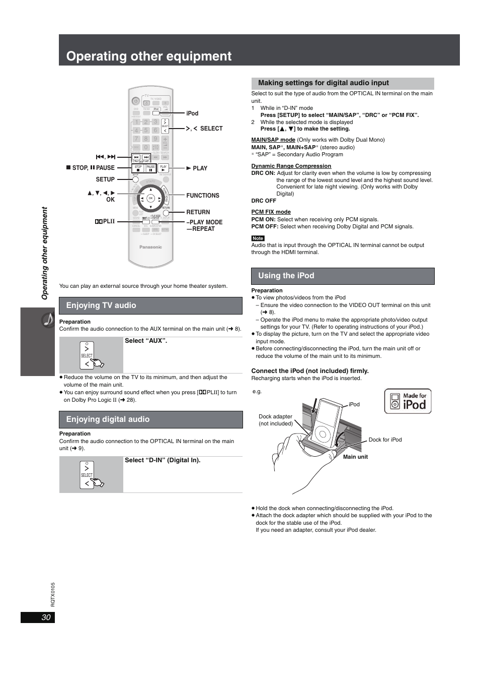 Operating other equipment, Enjoying tv audio, 30 enjoying digital audio | 30 using the ipod, Enjoying digital audio, Using the ipod, Op e ra ting othe r equi pme n t, Making settings for digital audio input | Panasonic SC-PT960 User Manual | Page 30 / 44