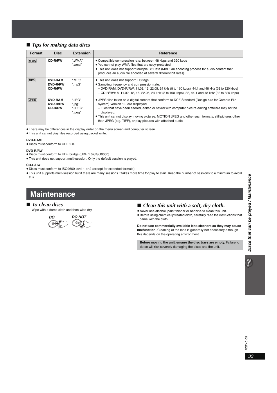 Maintenance, Tips for making data discs, Clean this unit with a soft, dry cloth | Panasonic SC-PT960 User Manual | Page 33 / 44