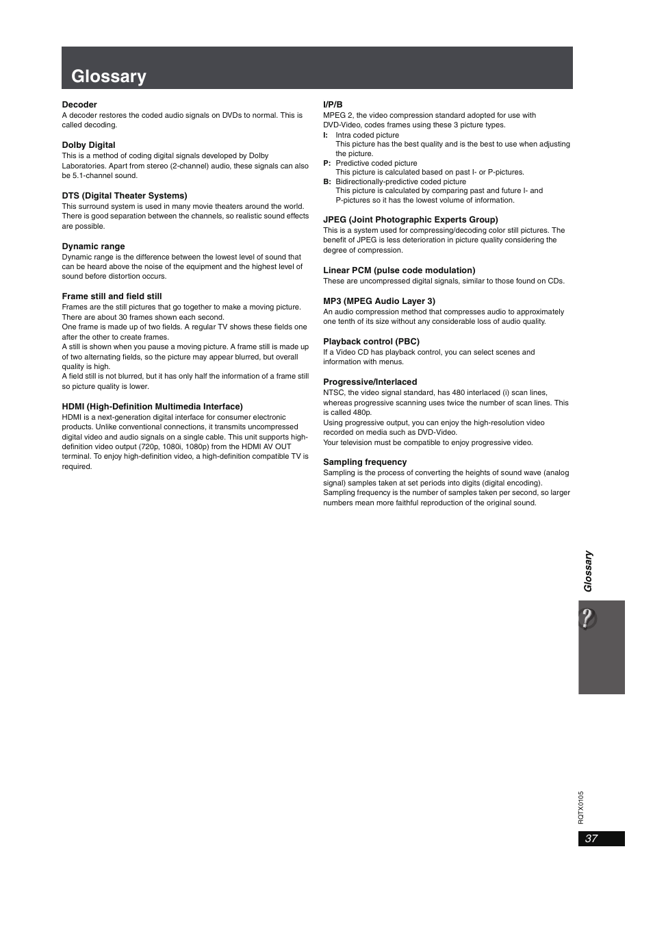 Glossary, Frame still and field still, 37, glossary) | Panasonic SC-PT960 User Manual | Page 37 / 44