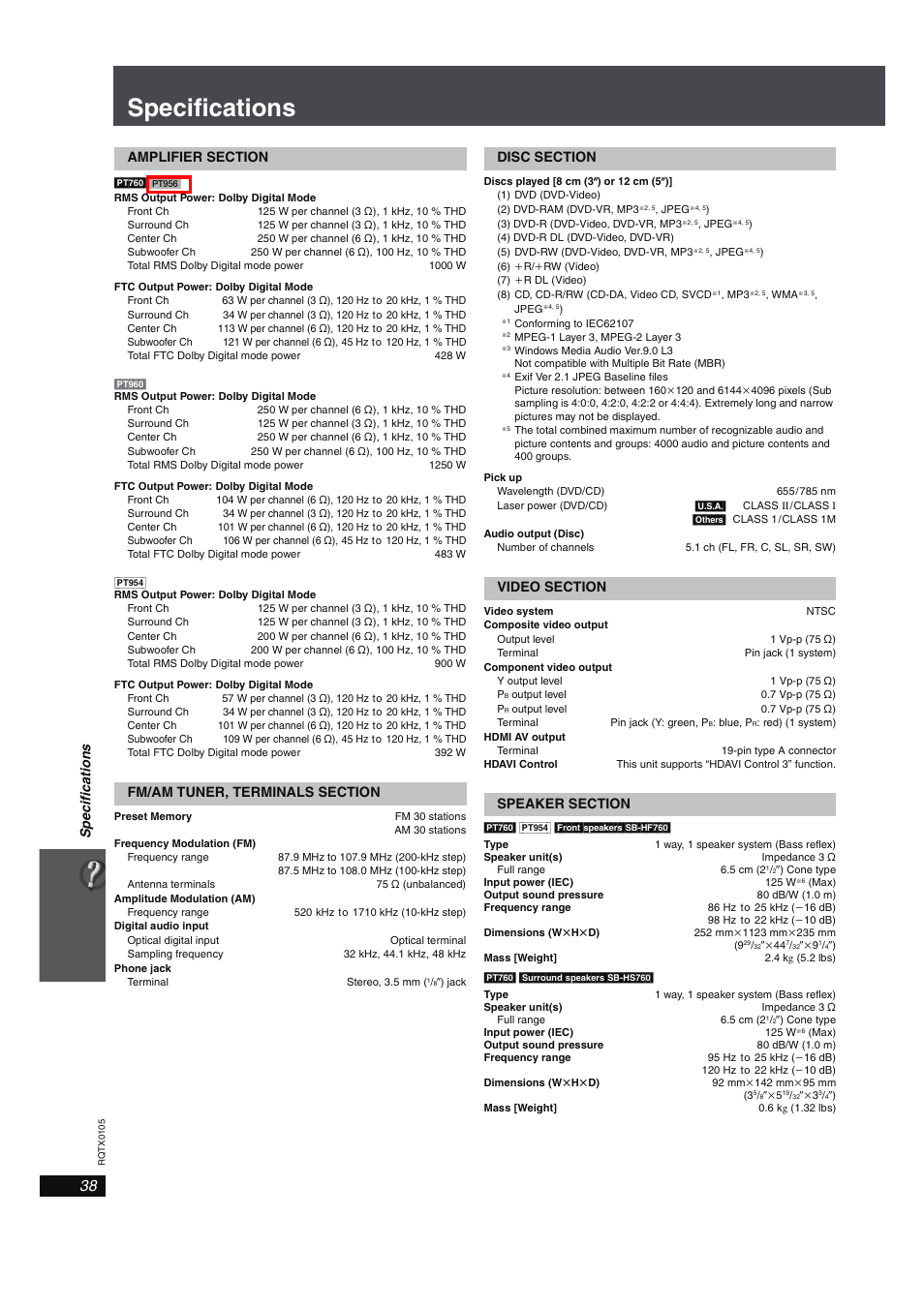 Specifications, Spec ifica tions | Panasonic SC-PT960 User Manual | Page 38 / 44