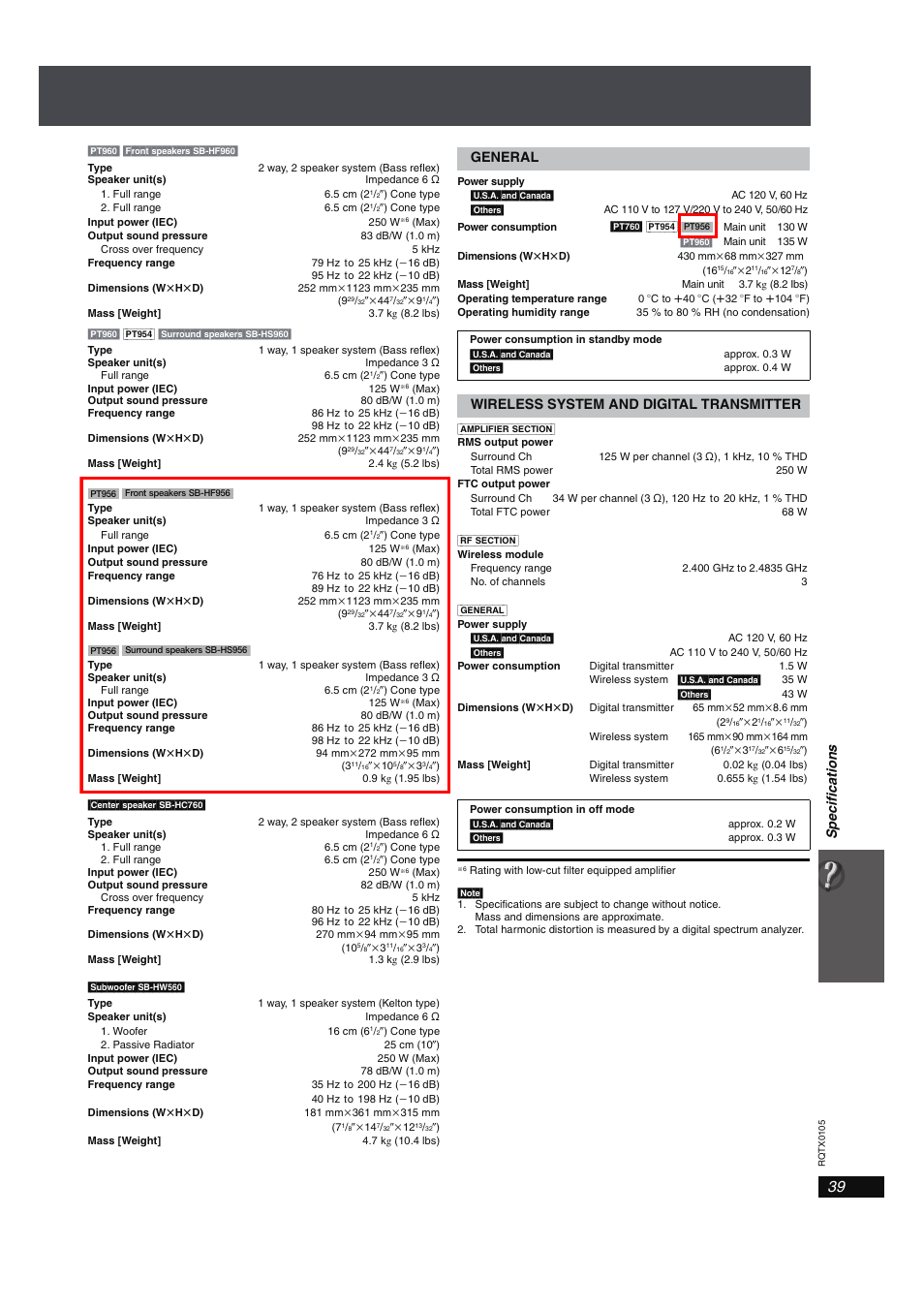 Spec ifica tions, General, Wireless system and digital transmitter | Panasonic SC-PT960 User Manual | Page 39 / 44