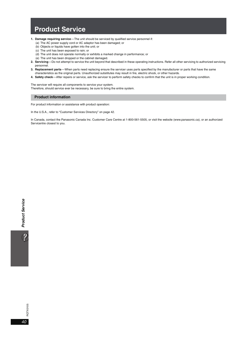 Product service, To “product information | Panasonic SC-PT960 User Manual | Page 40 / 44