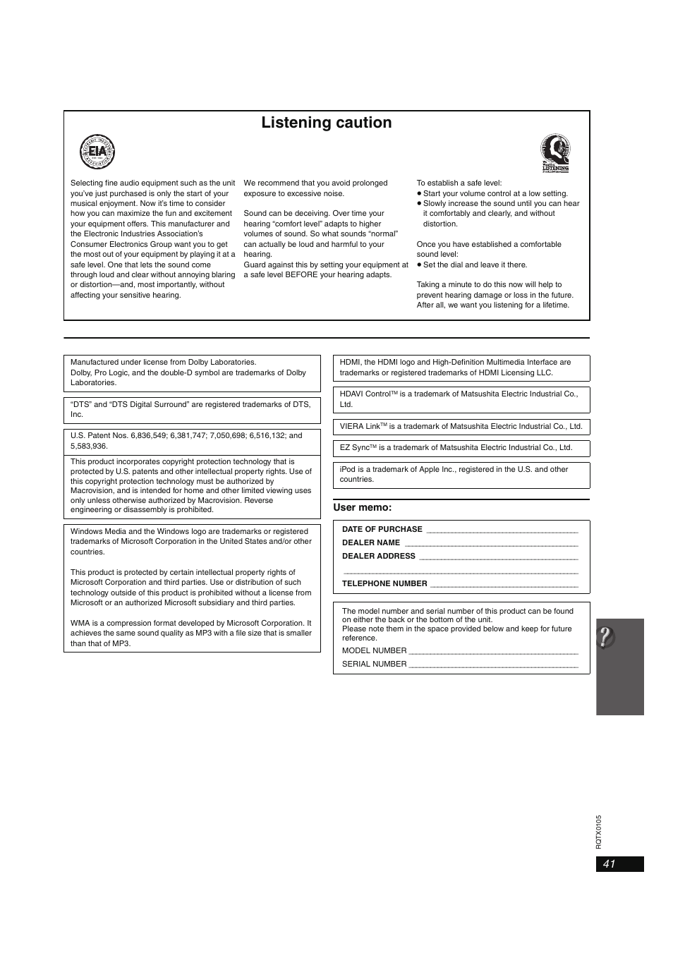 Listening caution | Panasonic SC-PT960 User Manual | Page 41 / 44