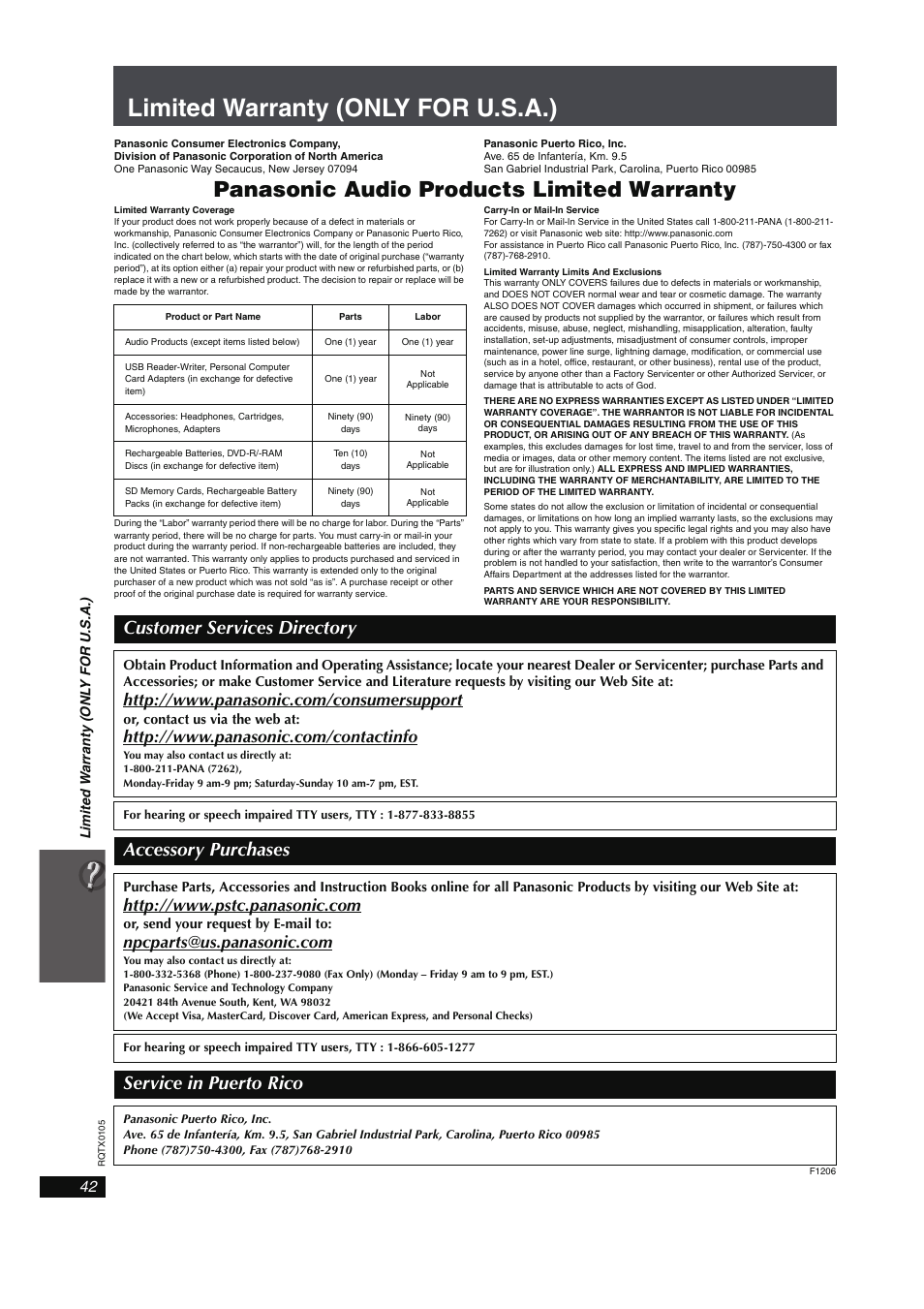 Limited warranty (only for u.s.a.), Customer services directory, Panasonic audio products limited warranty | Accessory purchases, Service in puerto rico | Panasonic SC-PT960 User Manual | Page 42 / 44