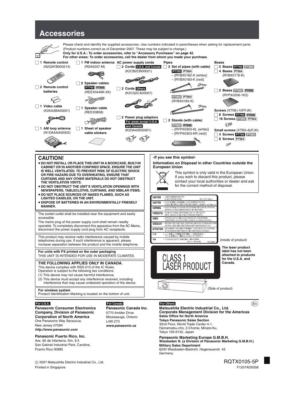 Accessories, Caution | Panasonic SC-PT960 User Manual | Page 44 / 44