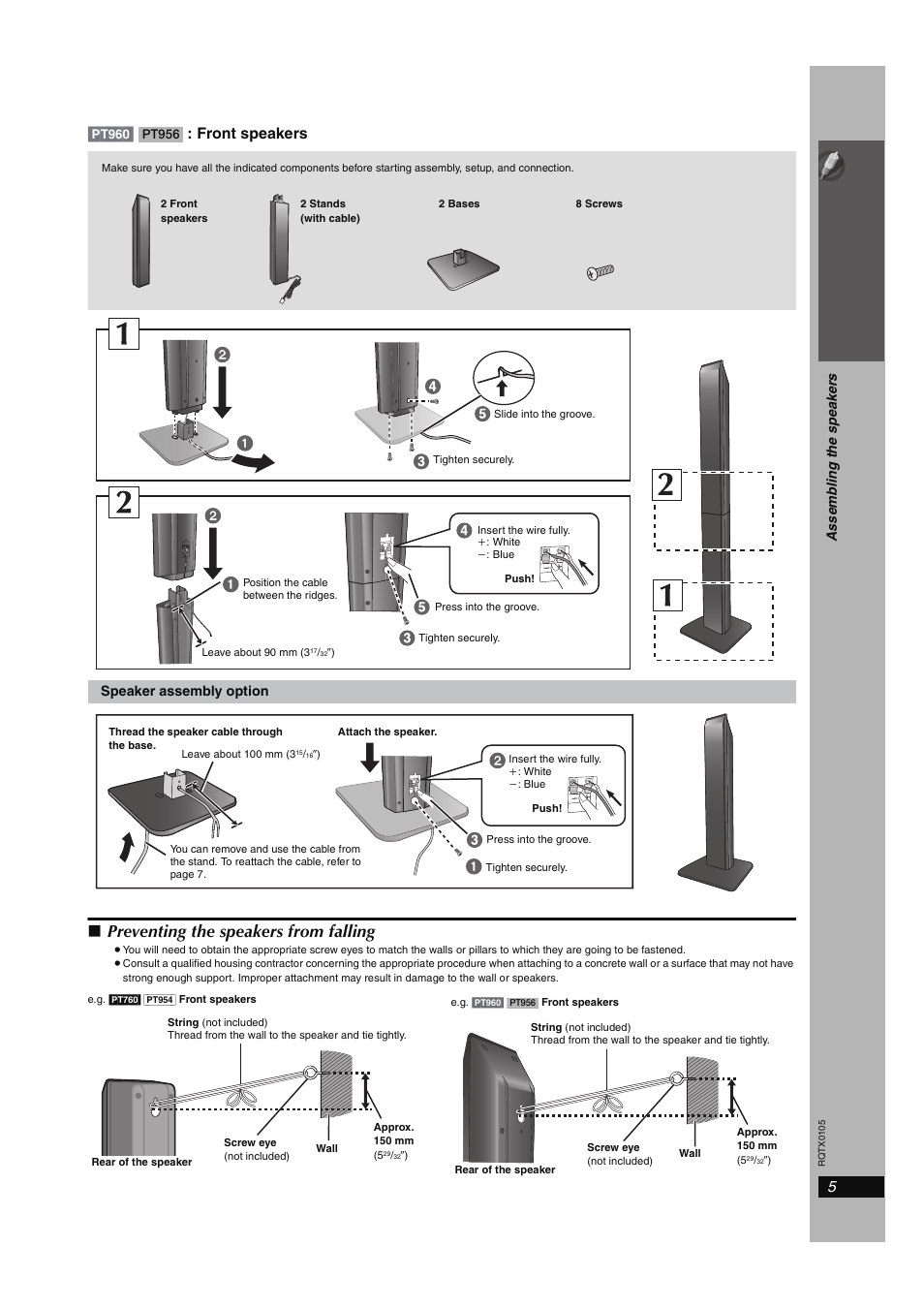 Preventing the speakers from falling, Simple se tu p, Pt960] : front speakers | Panasonic SC-PT960 User Manual | Page 5 / 44