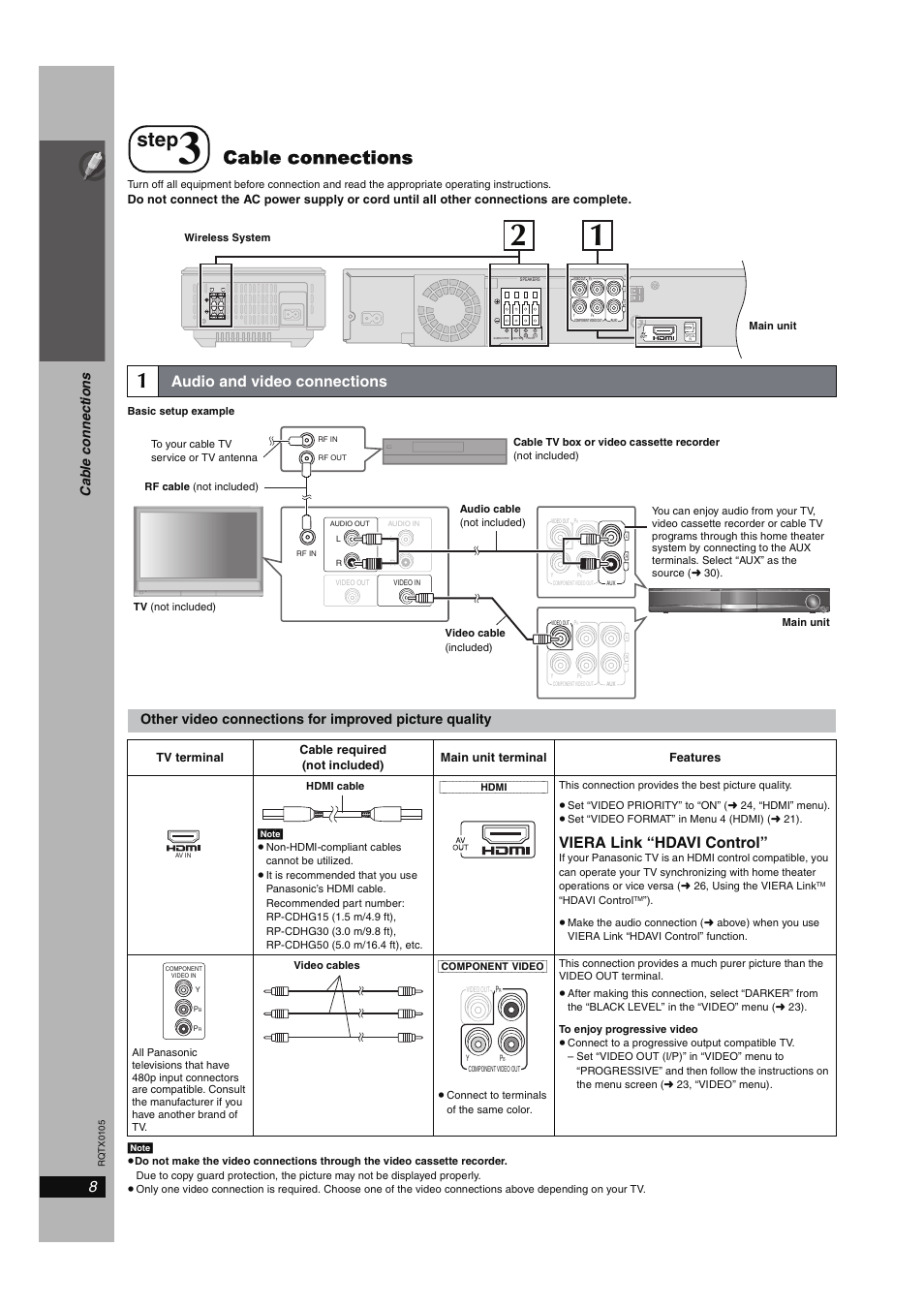 Step 3 cable connections, Step, Cable connections | Simple se tu p, Audio and video connections, Viera link “hdavi control, Ca b le co nne ction s | Panasonic SC-PT960 User Manual | Page 8 / 44