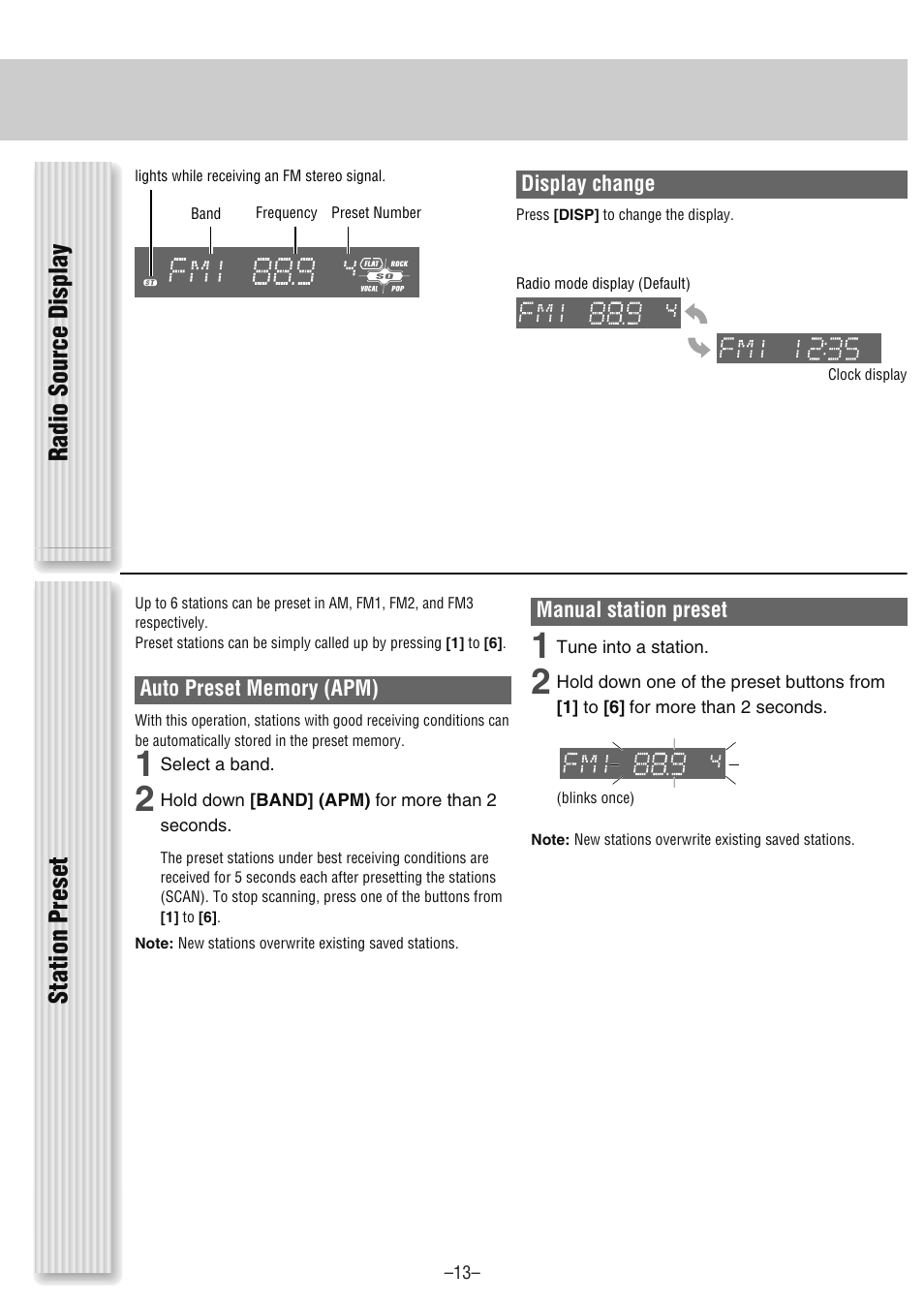 Station preset, Radio source display | Panasonic CQ-CM130U User Manual | Page 13 / 20