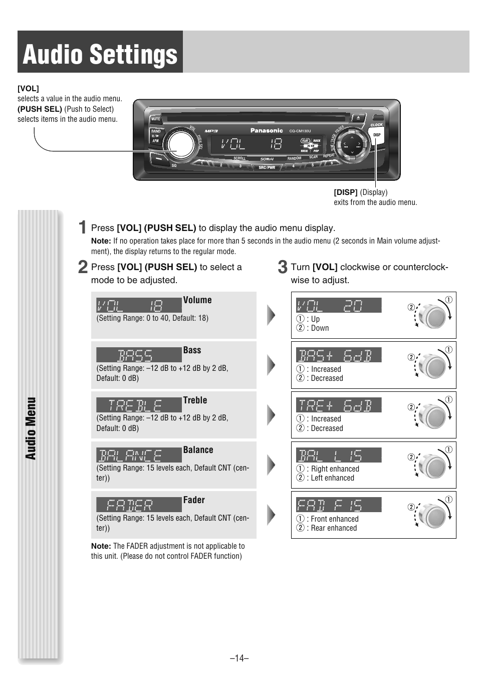 Audio settings, Audio menu, Volume bass treble balance fader –14 | Panasonic CQ-CM130U User Manual | Page 14 / 20