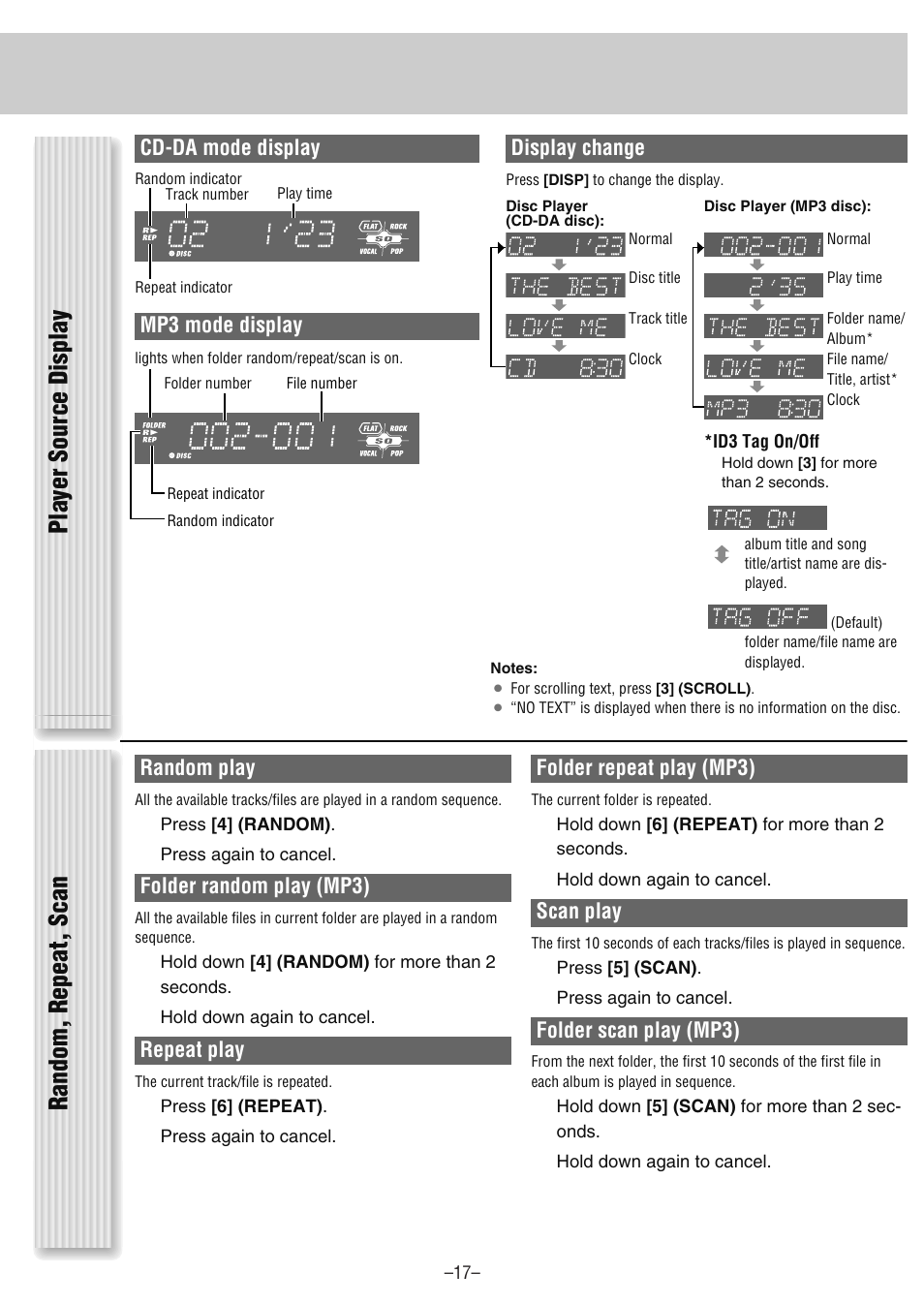 Random, repeat, scan, Player source display, Random play | Folder random play (mp3), Repeat play, Folder repeat play (mp3), Scan play, Folder scan play (mp3), Display change, Cd-da mode display | Panasonic CQ-CM130U User Manual | Page 17 / 20