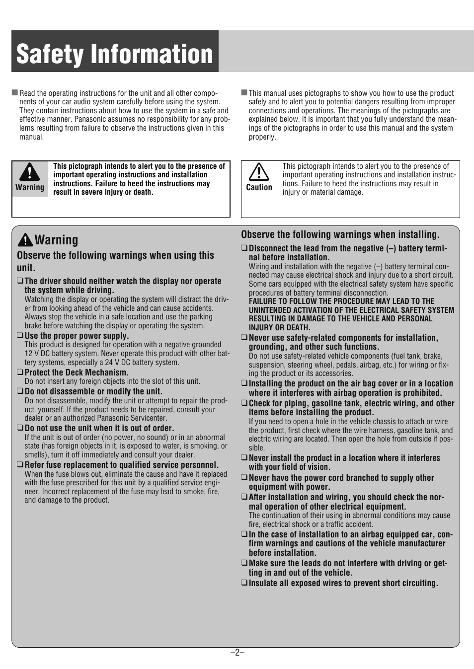 Safety information, Warning | Panasonic CQ-CM130U User Manual | Page 2 / 20