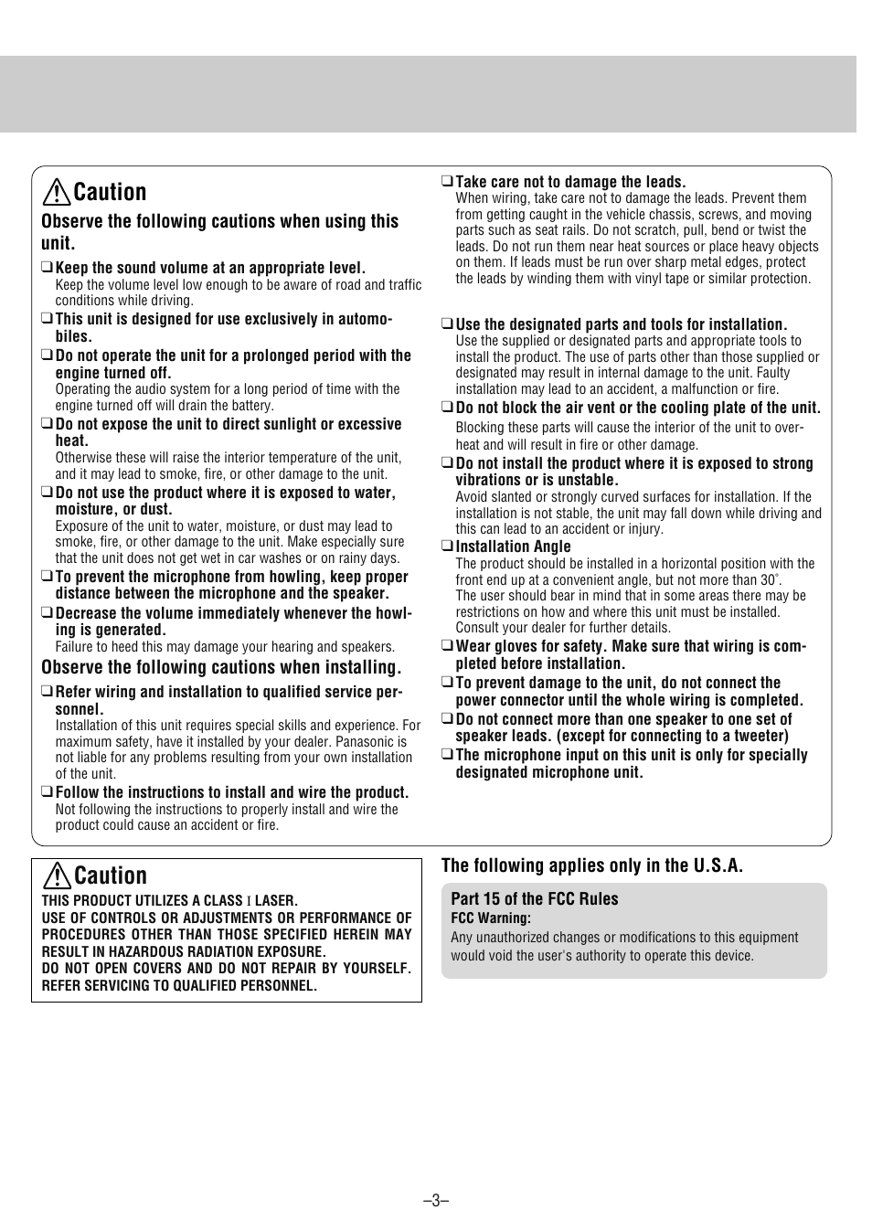 Caution | Panasonic CQ-CM130U User Manual | Page 3 / 20