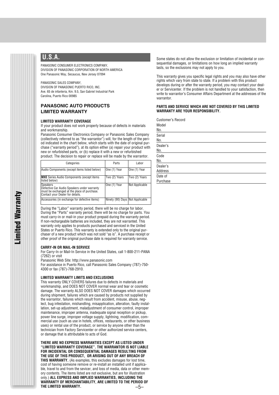 Limited w arranty, U.s.a | Panasonic CQ-CM130U User Manual | Page 5 / 20