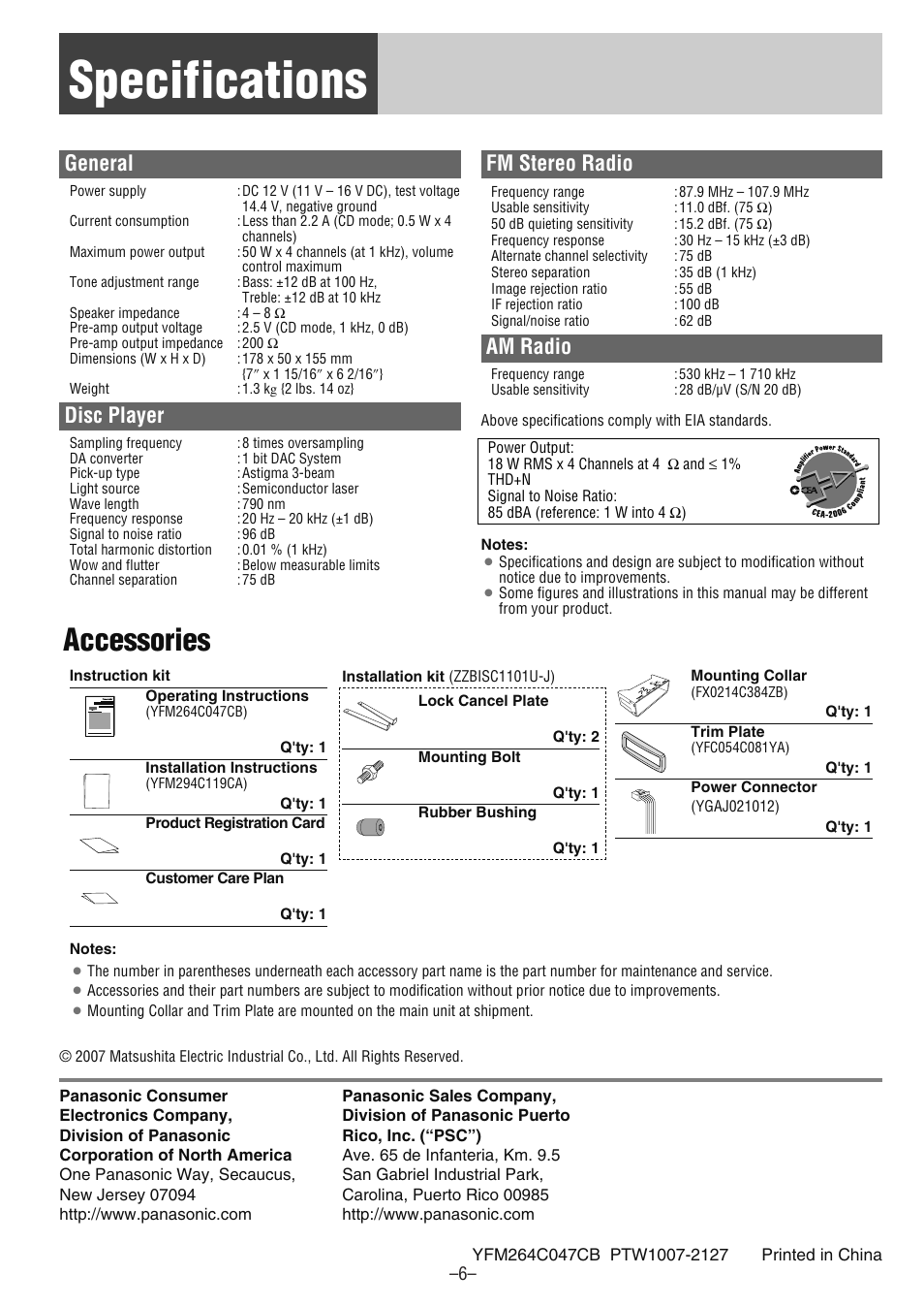 Specifications, Accessories, General | Disc player, Fm stereo radio, Am radio | Panasonic CQ-CM130U User Manual | Page 6 / 20