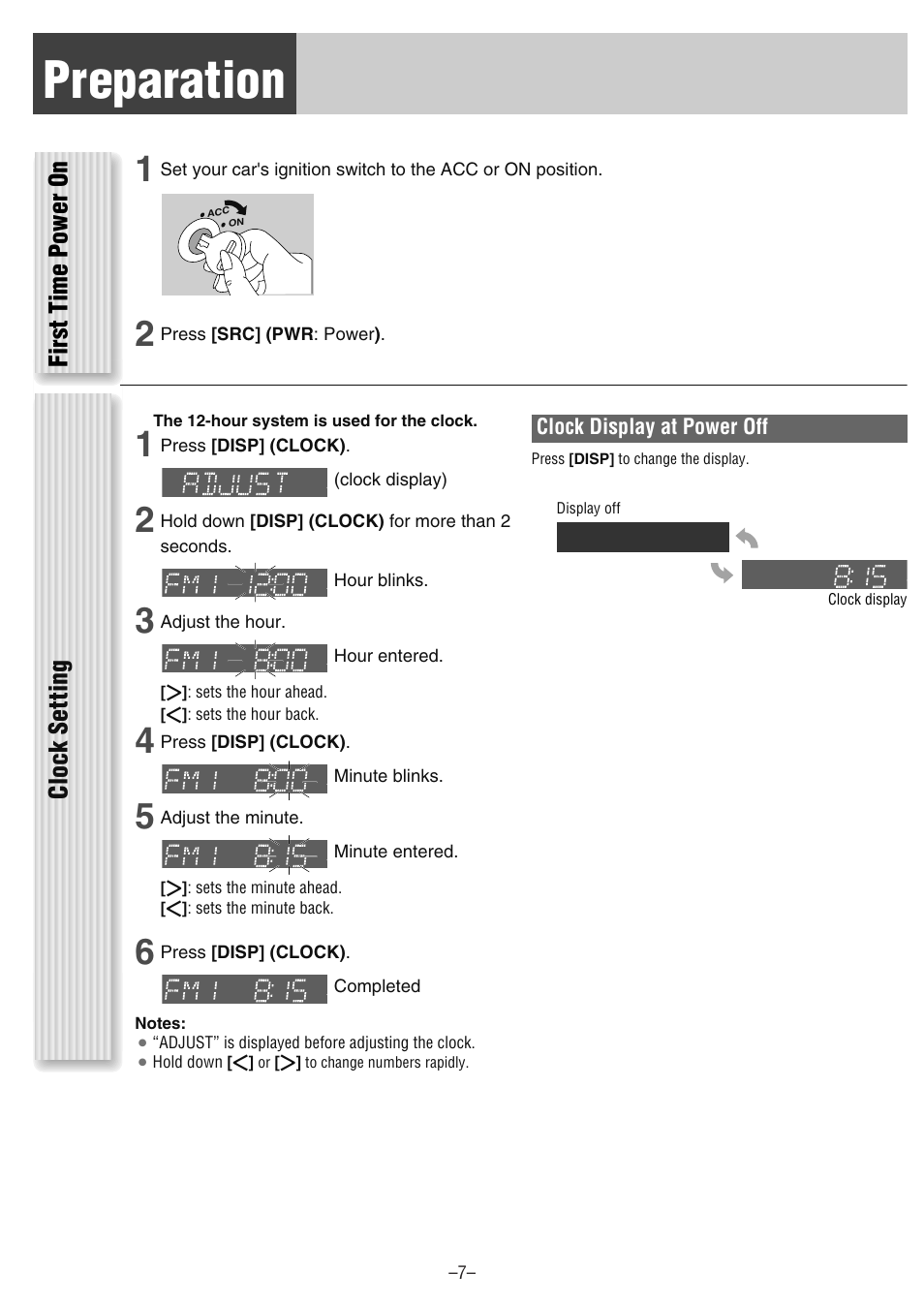 Preparation, Clock setting, First t ime power on | Panasonic CQ-CM130U User Manual | Page 7 / 20