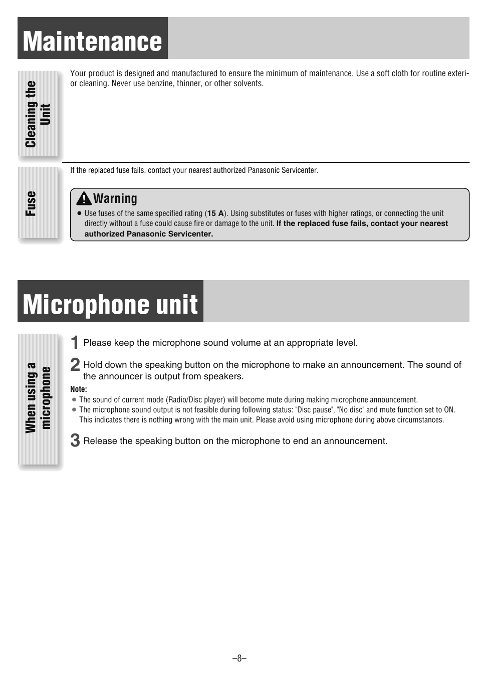 Maintenance, Microphone unit | Panasonic CQ-CM130U User Manual | Page 8 / 20