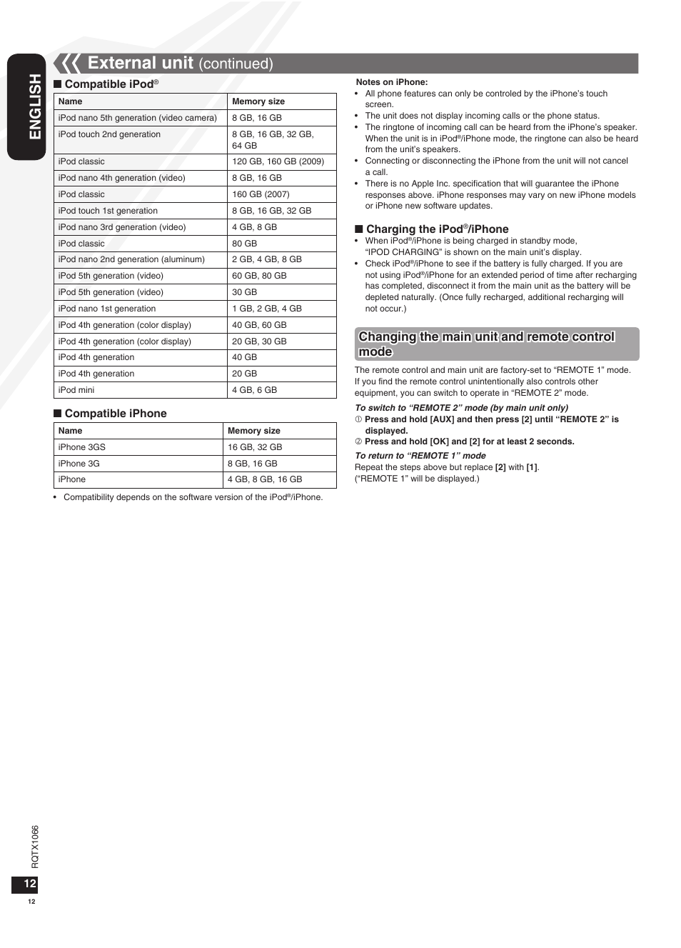 External unit, English, Continued) | Changing the main unit and remote control mode | Panasonic SC-HC30 User Manual | Page 12 / 28