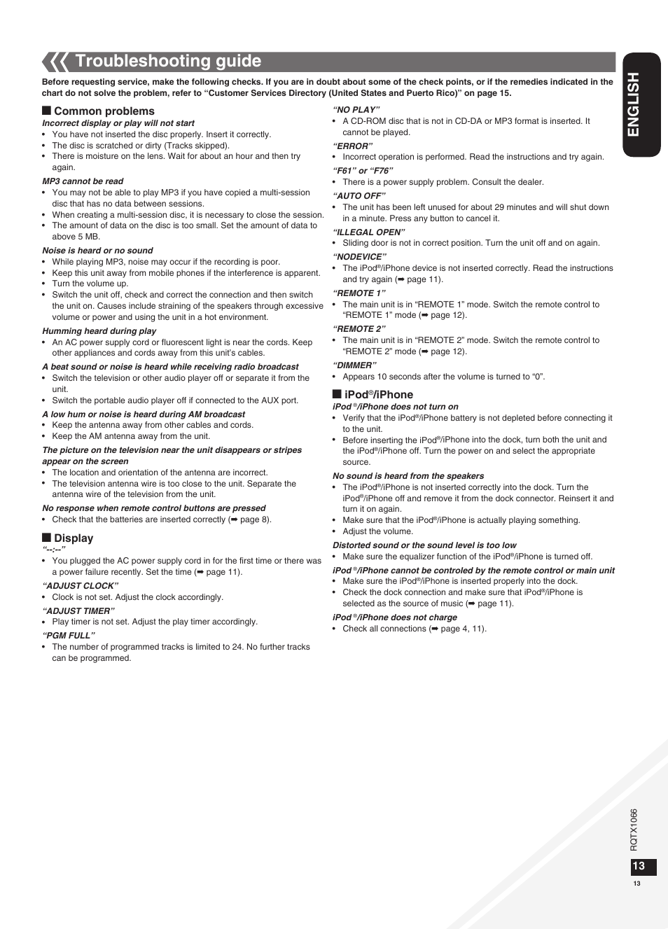 Troubleshooting guide, English | Panasonic SC-HC30 User Manual | Page 13 / 28