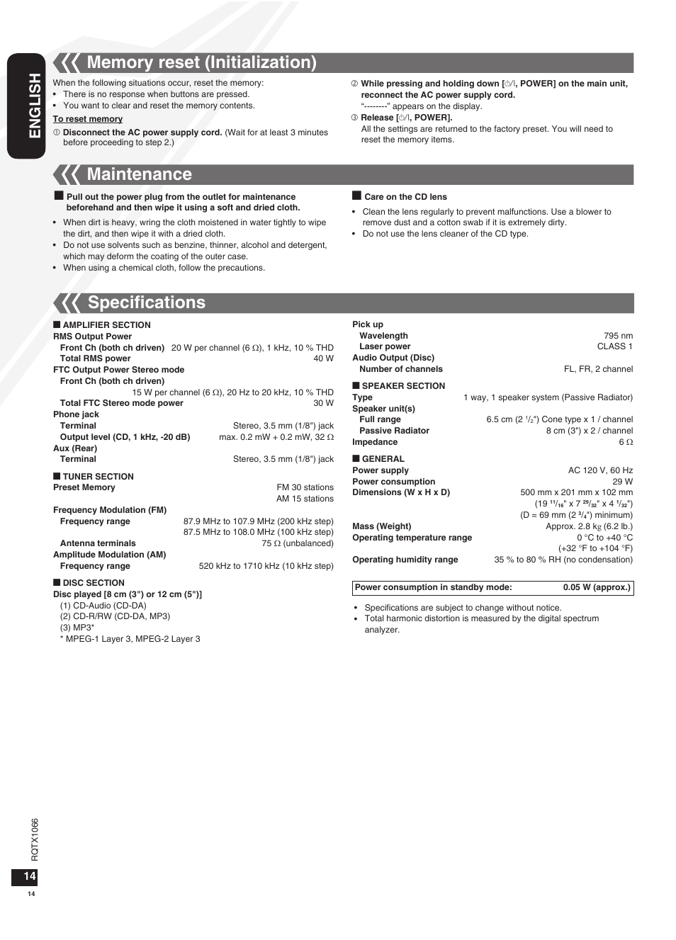 Memory reset (initialization), Maintenance, Specifications | Speciﬁcations, English | Panasonic SC-HC30 User Manual | Page 14 / 28