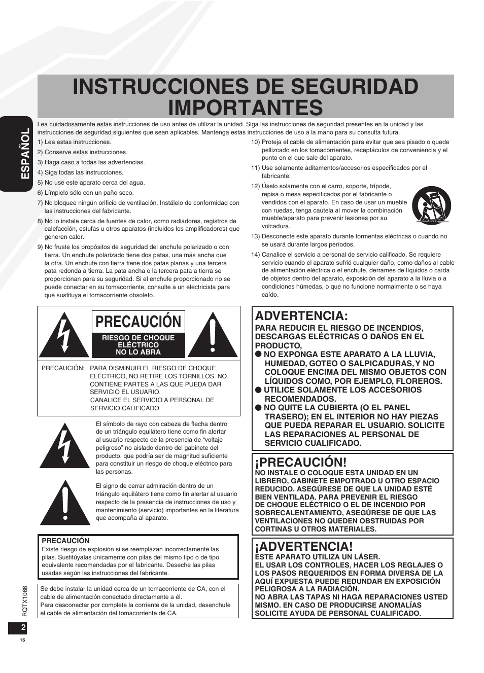 Instrucciones de seguridad importantes, Advertencia, Precaución | Español | Panasonic SC-HC30 User Manual | Page 16 / 28
