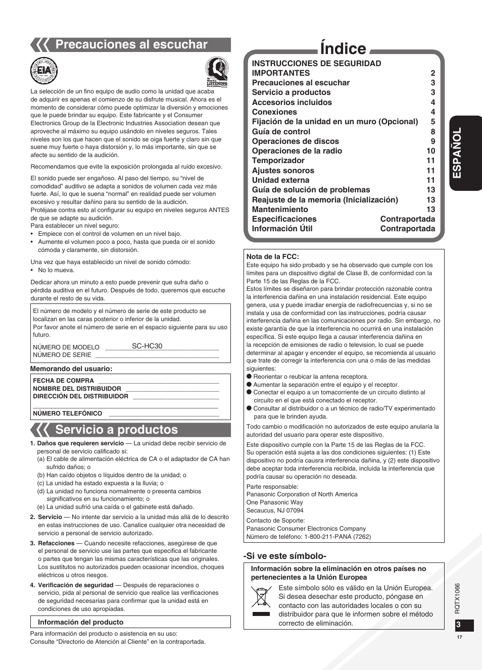 Índice, Precauciones al escuchar, Servicio a productos | Español | Panasonic SC-HC30 User Manual | Page 17 / 28