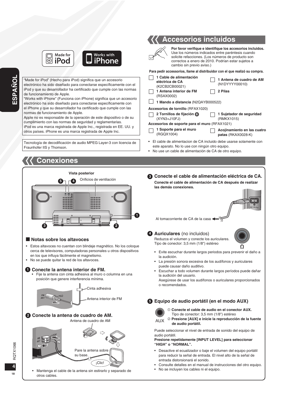 Conexiones, Accesorios incluidos, Español | Panasonic SC-HC30 User Manual | Page 18 / 28