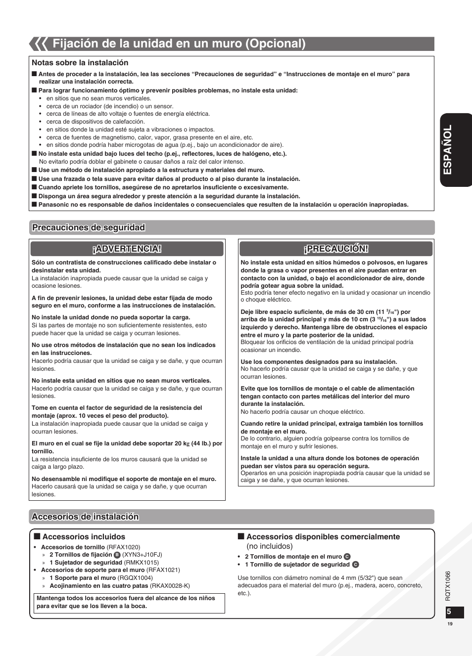 Fijación de la unidad en un muro (opcional), Español | Panasonic SC-HC30 User Manual | Page 19 / 28