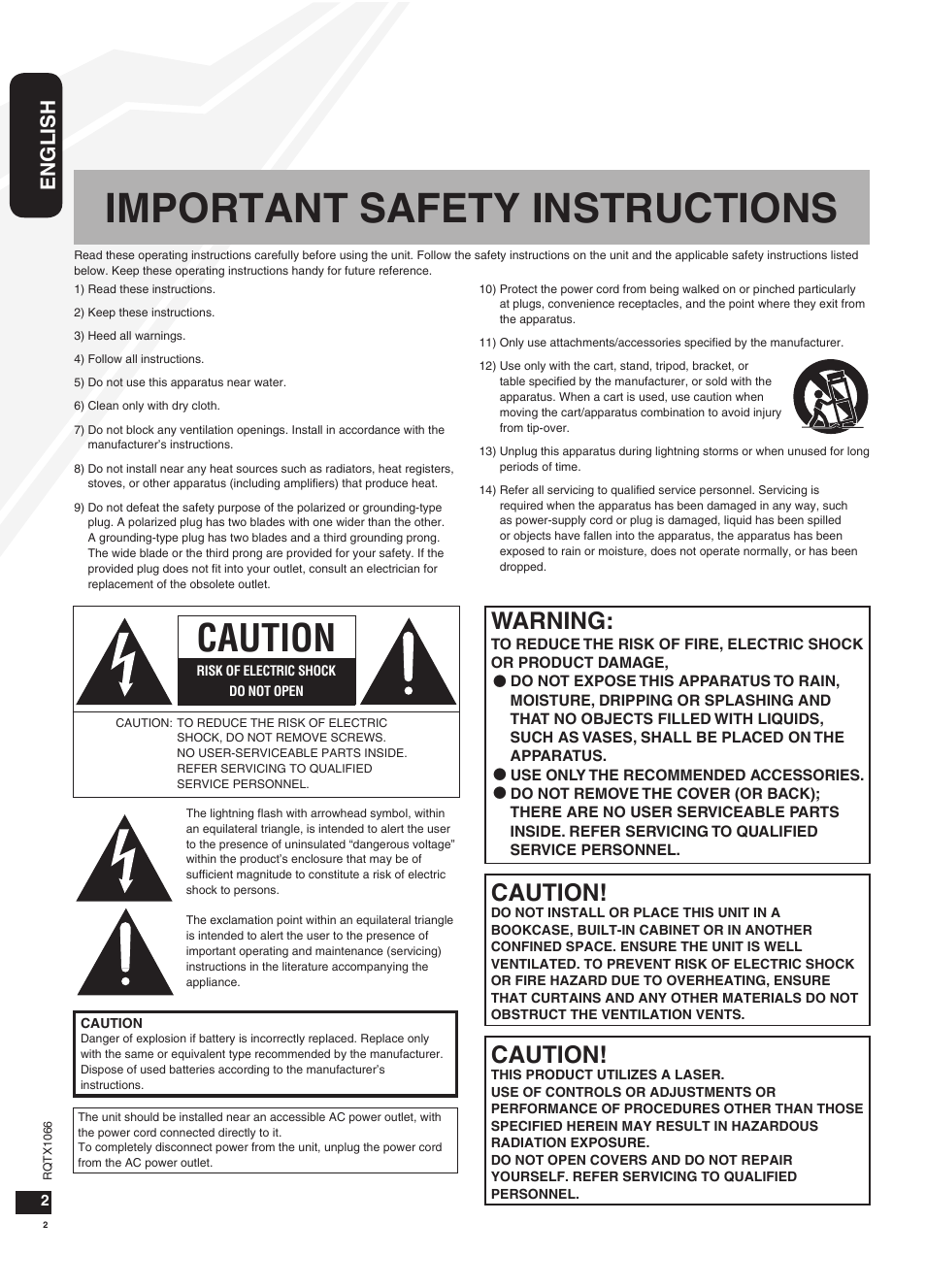 Important safety instructions, Caution, Warning | English | Panasonic SC-HC30 User Manual | Page 2 / 28