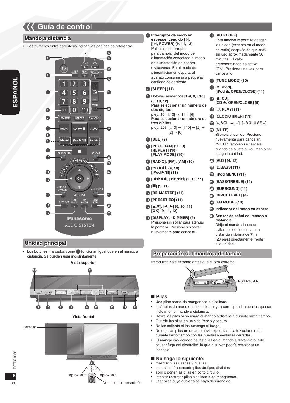 Guía de control, Español, Mando a distancia unidad principal | Preparación del mando a distancia, Pilas, No haga lo siguiente | Panasonic SC-HC30 User Manual | Page 22 / 28