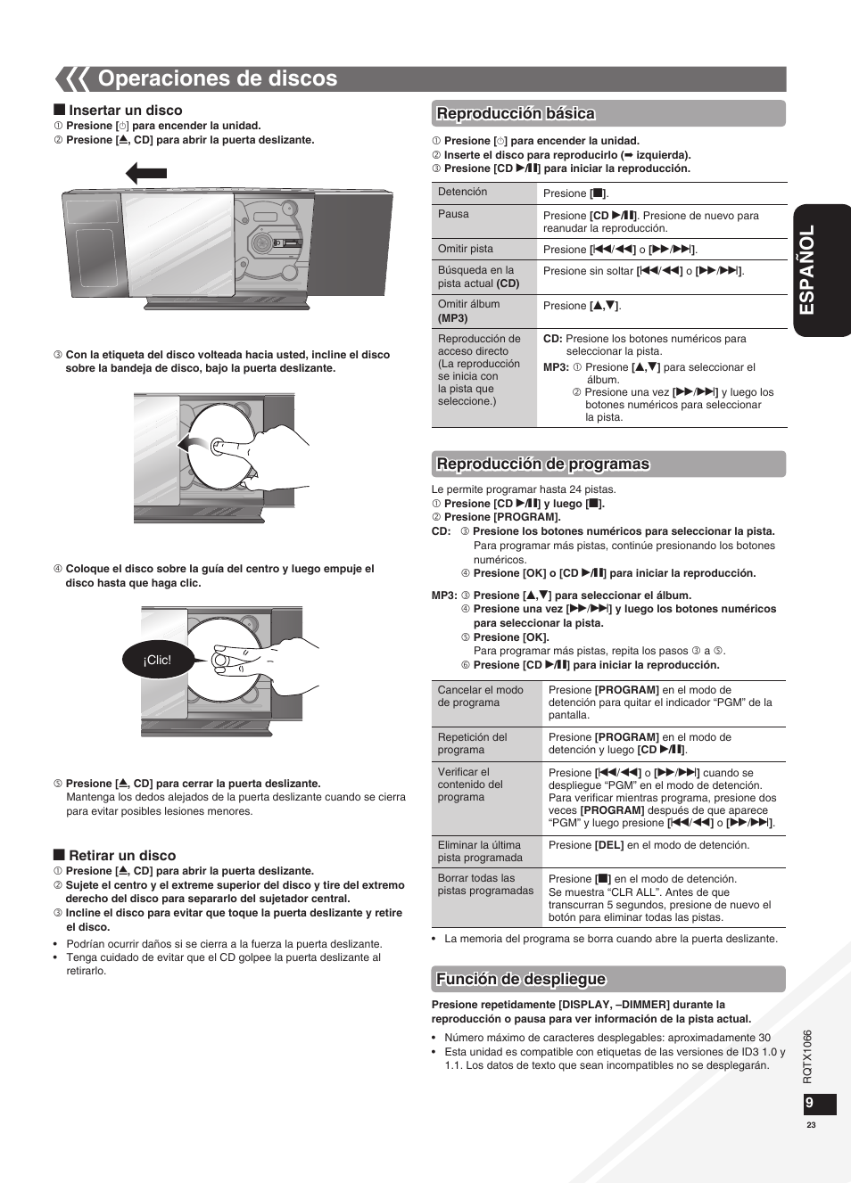 Operaciones de discos, Español, Reproducción de programas | Función de despliegue, Reproducción básica | Panasonic SC-HC30 User Manual | Page 23 / 28