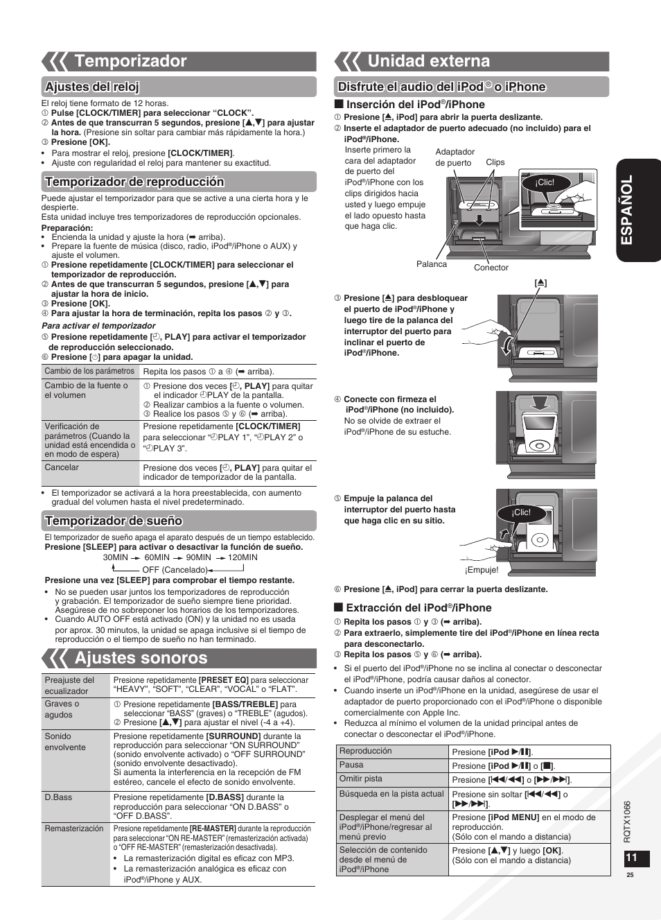 Unidad externa, Temporizador, Ajustes sonoros | Español, Ajustes del reloj temporizador de reproducción, Temporizador de sueño, Disfrute el audio del ipod, O iphone | Panasonic SC-HC30 User Manual | Page 25 / 28