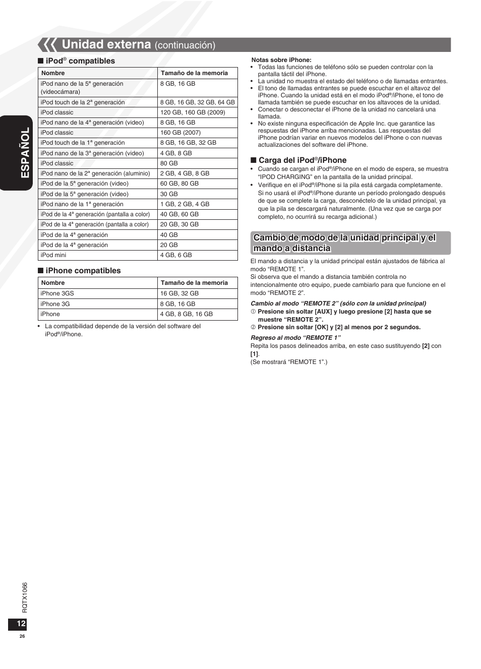 Unidad externa, Español, Continuación) | Panasonic SC-HC30 User Manual | Page 26 / 28