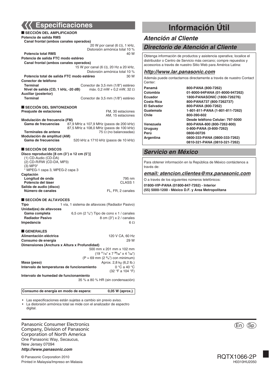 Información útil, Especiﬁcaciones, Atención al cliente | Directorio de atención al cliente, Servicio en méxico, Sp en | Panasonic SC-HC30 User Manual | Page 28 / 28